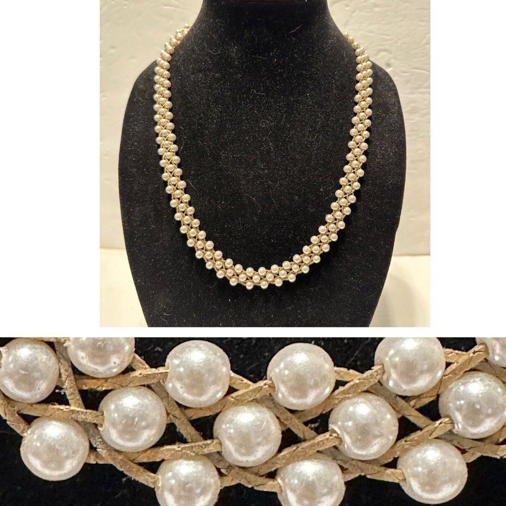 Vintage 24” gold tone woven Faux pearl Beaded Braided necklace Wedding Glamour